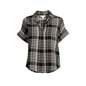 Time and Tru NWT Women's Short Roll Sleeve Black and White Plaid Popover Top 752